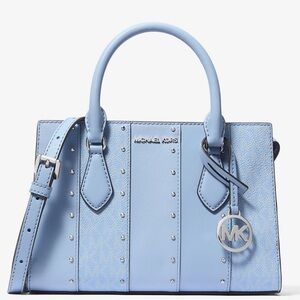 Michael Kors Sheila Small Studded Patchwork Satchel Bag Light Sky Blue Multi